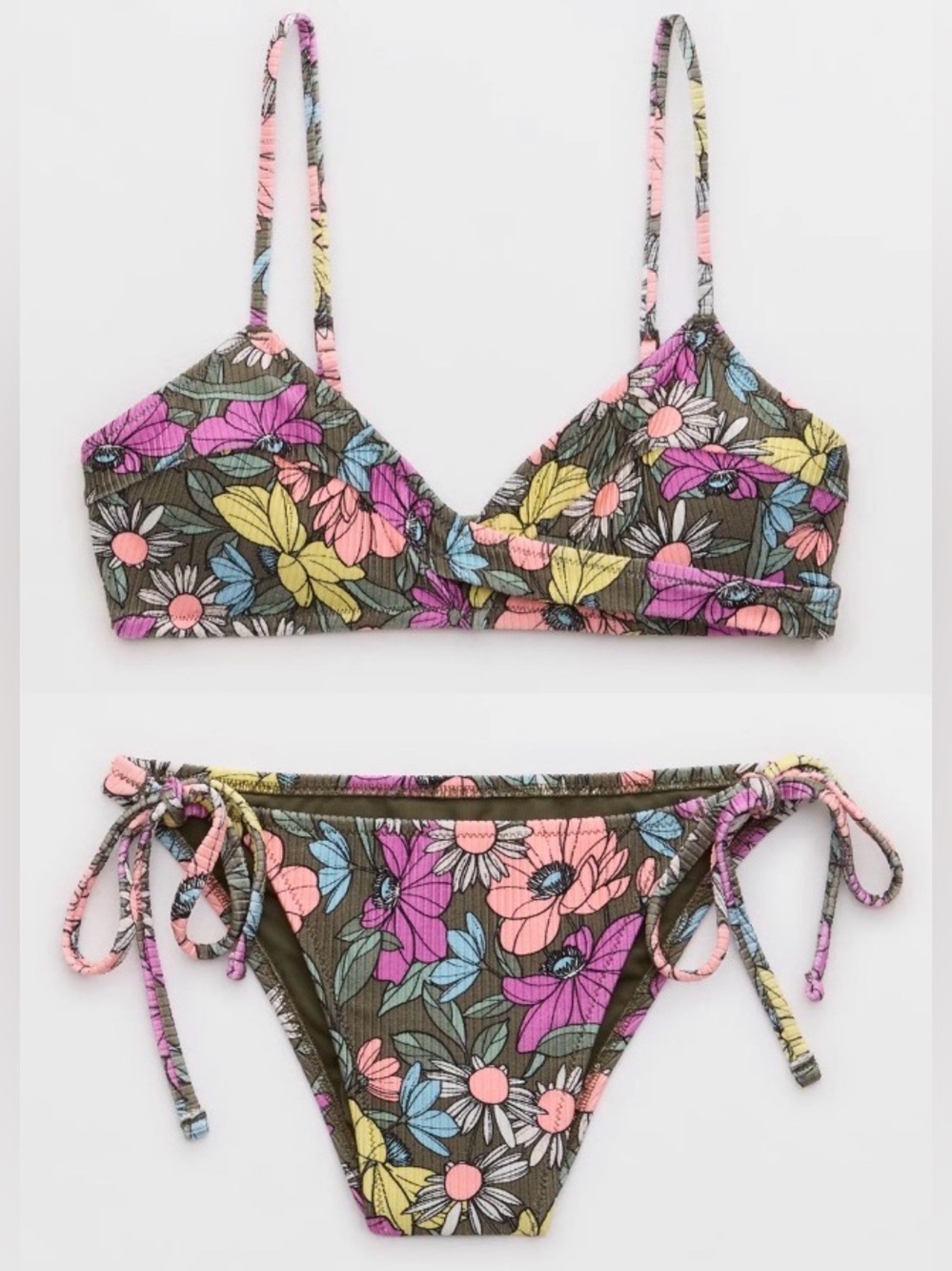NWT Aerie FULL SET Shine Rib Twist Scoop Top + String Tie Bottom Floral Magenta